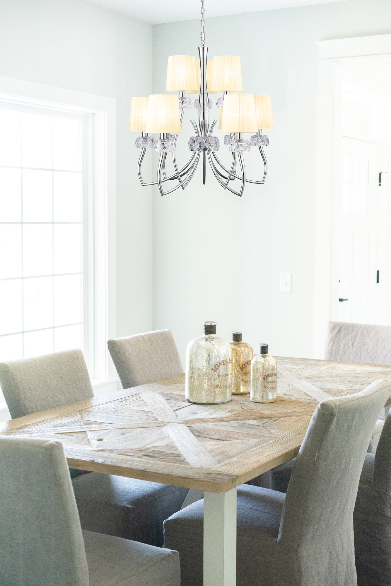 Loewe 2 Tier Pendant 6+3 Light E14, Polished Chrome With White Shades by Mantra