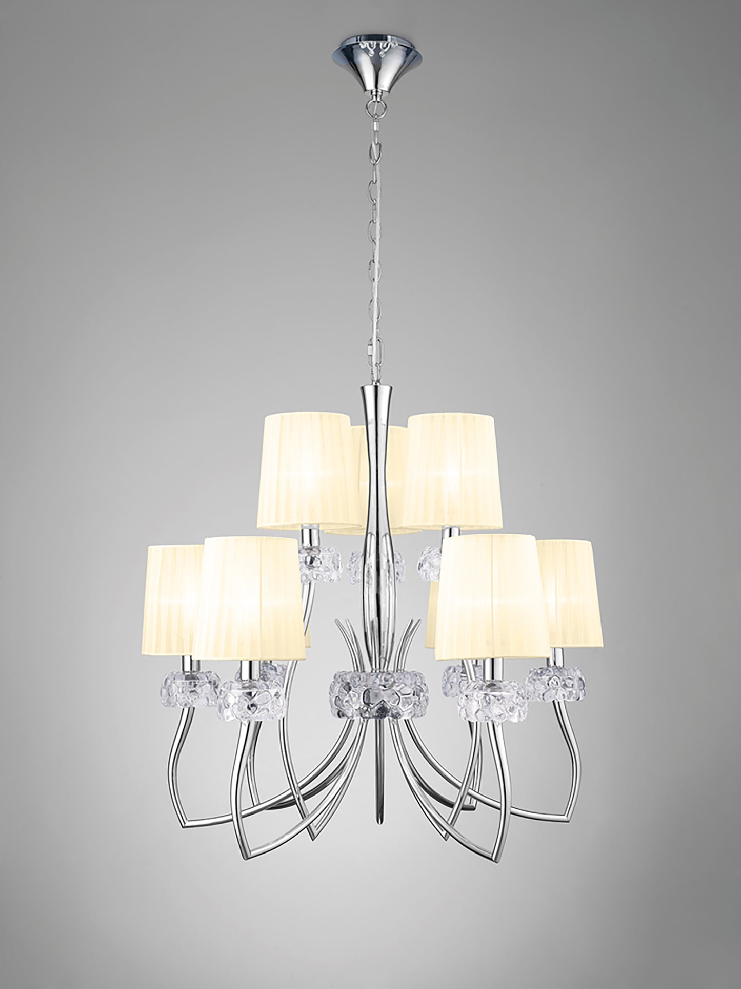 Loewe 2 Tier Pendant 6+3 Light E14, Polished Chrome With Cream Shades by Mantra