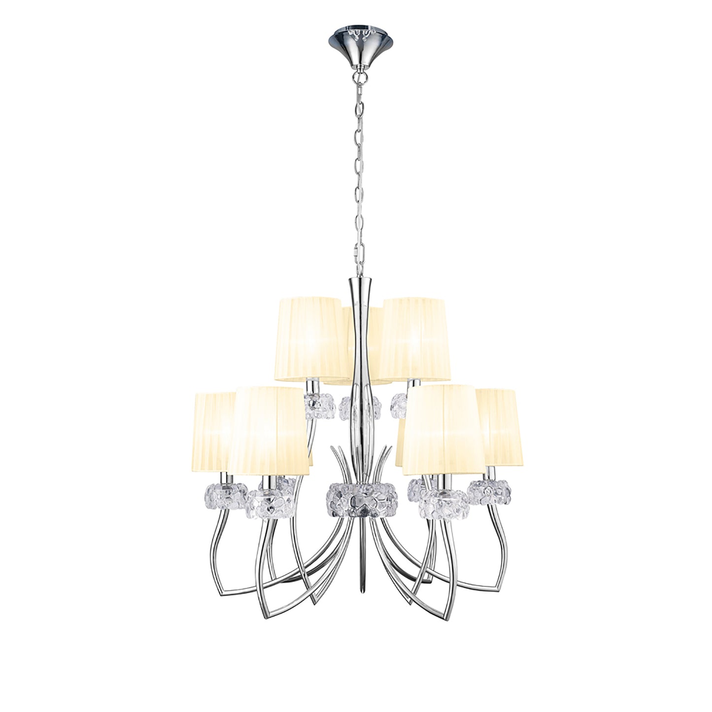 Loewe 2 Tier Pendant 6+3 Light E14, Polished Chrome With Cream Shades by Mantra