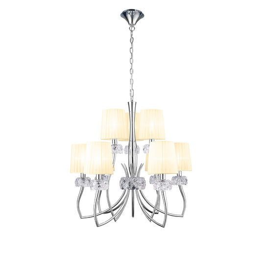 Loewe 2 Tier Pendant 6+3 Light E14, Polished Chrome With Cream Shades by Mantra