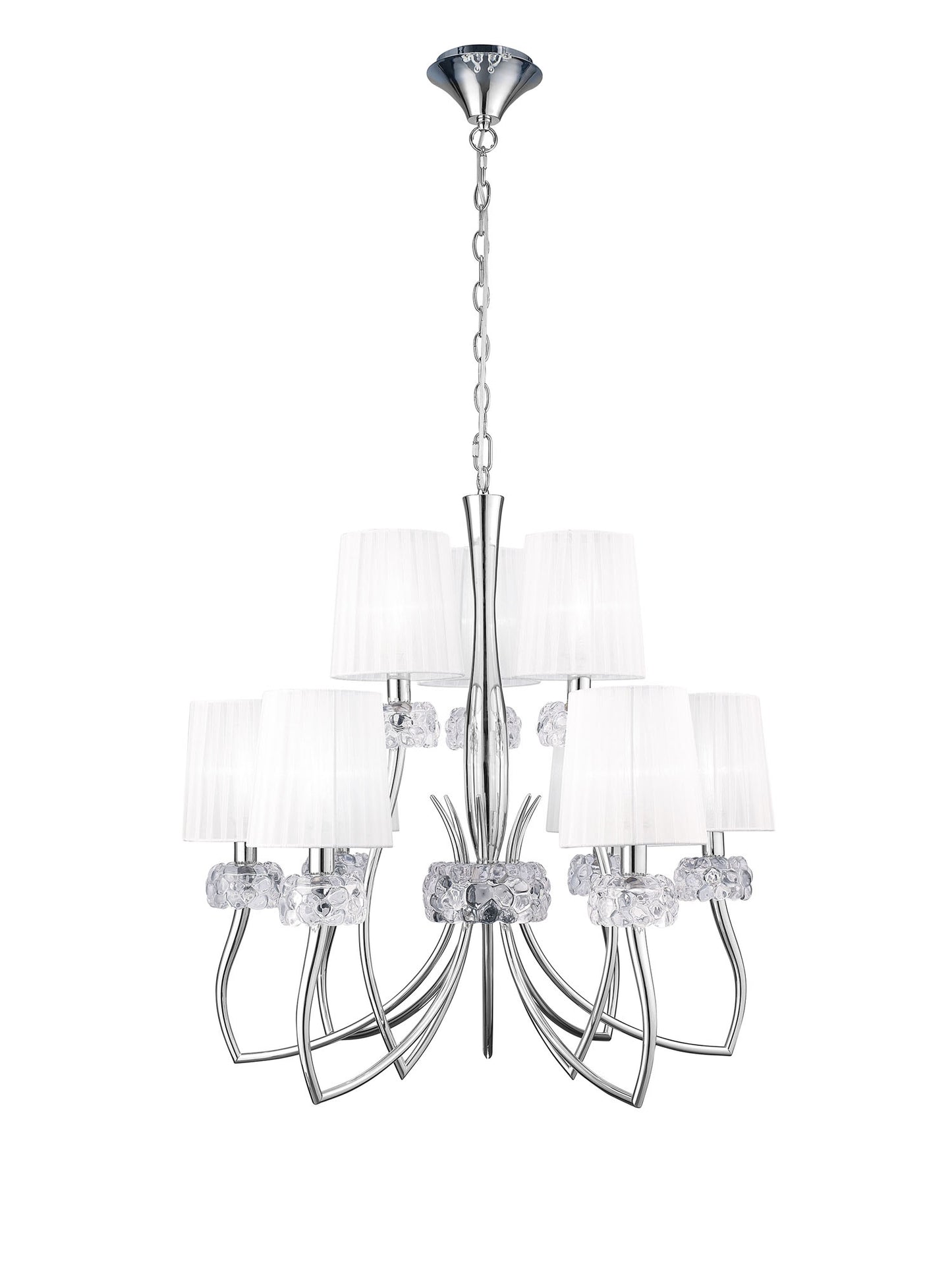 Loewe 2 Tier Pendant 6+3 Light E14, Polished Chrome With White Shades by Mantra