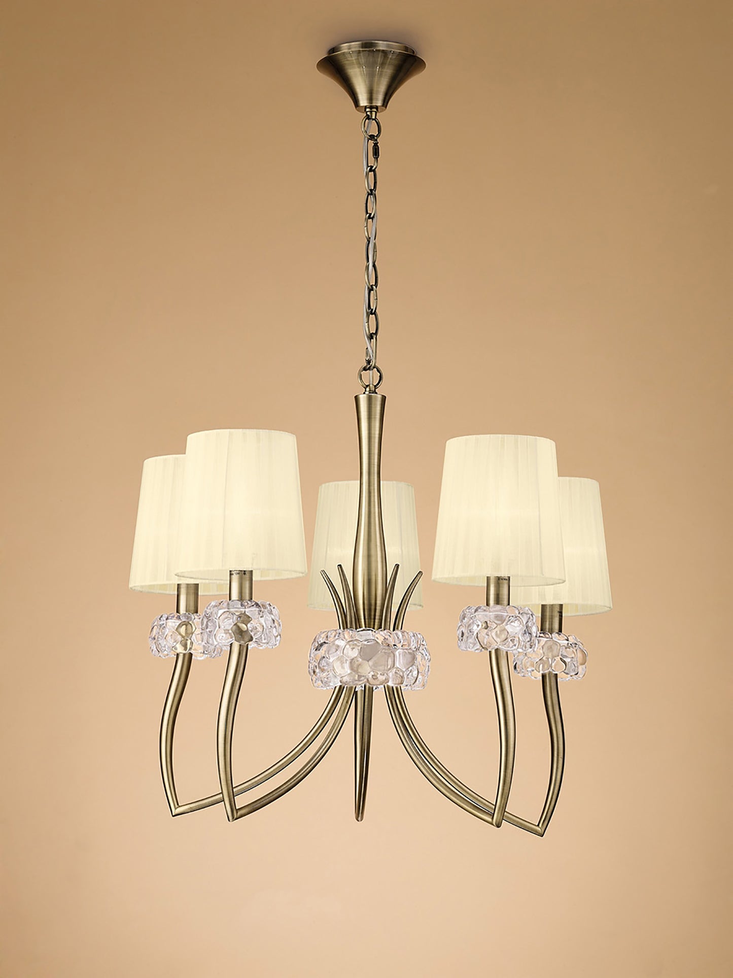 Loewe Pendant 5 Light E14, Antique Brass With Cream Shades by Mantra