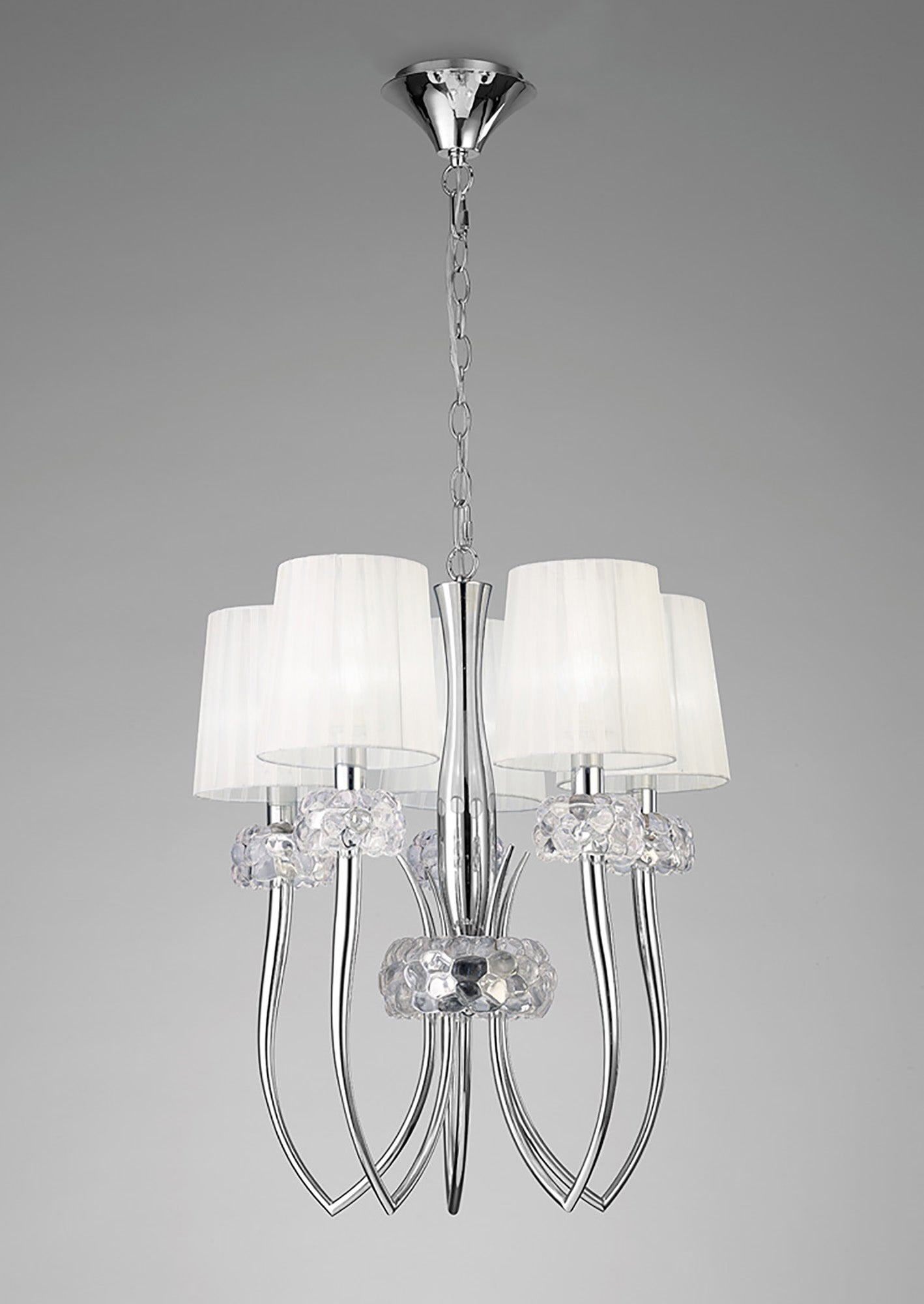 Loewe Slim Pendant 5 Light E14, Polished Chrome With White Shades by Mantra