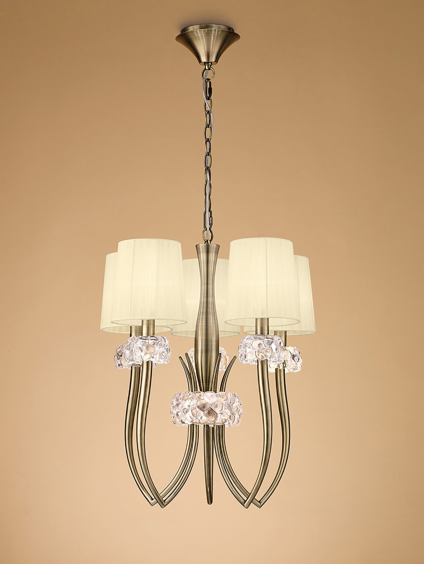 Loewe Slim Pendant 5 Light E14, Antique Brass With Cream Shades by Mantra