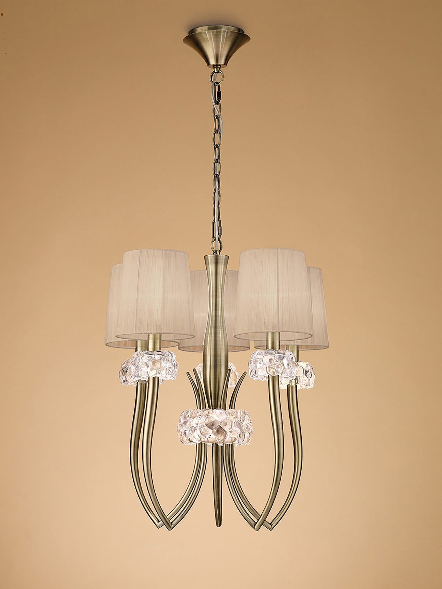 Loewe Slim Pendant 5 Light E14, Antique Brass With Soft Bronze Shades by Mantra