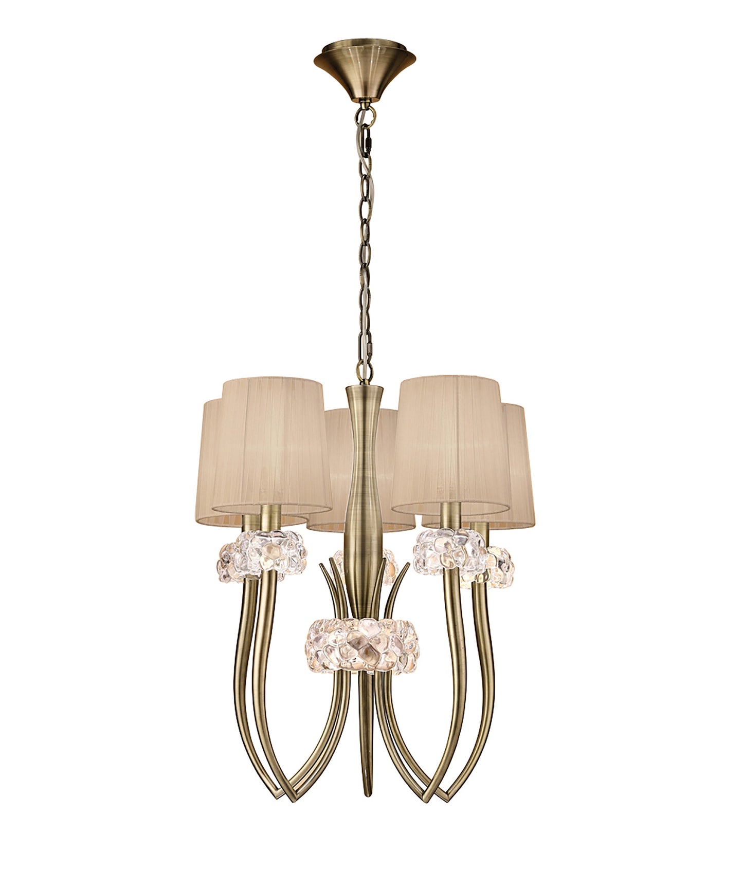 Loewe Slim Pendant 5 Light E14, Antique Brass With Soft Bronze Shades by Mantra