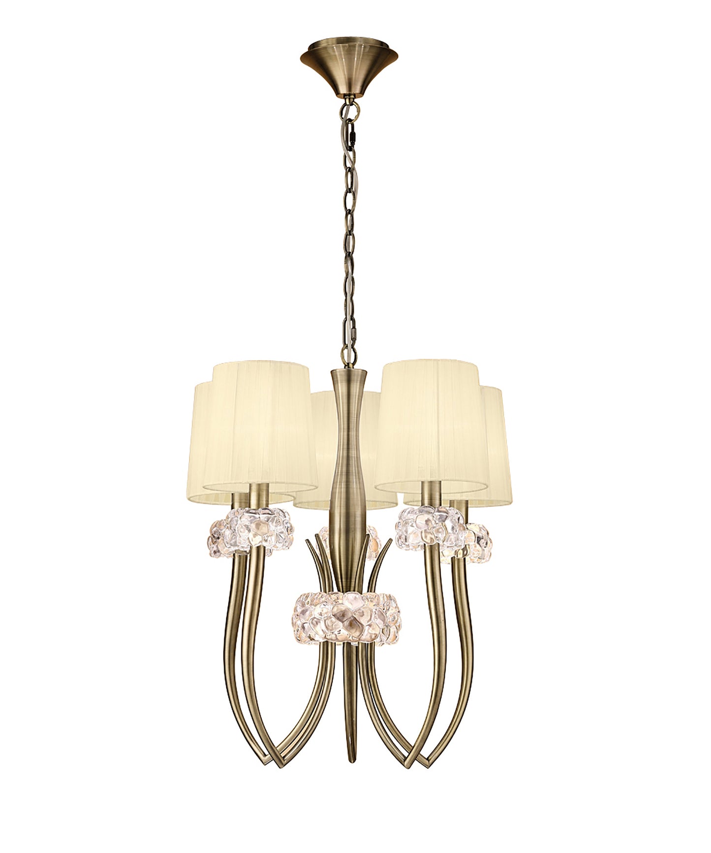 Loewe Slim Pendant 5 Light E14, Antique Brass With Cream Shades by Mantra