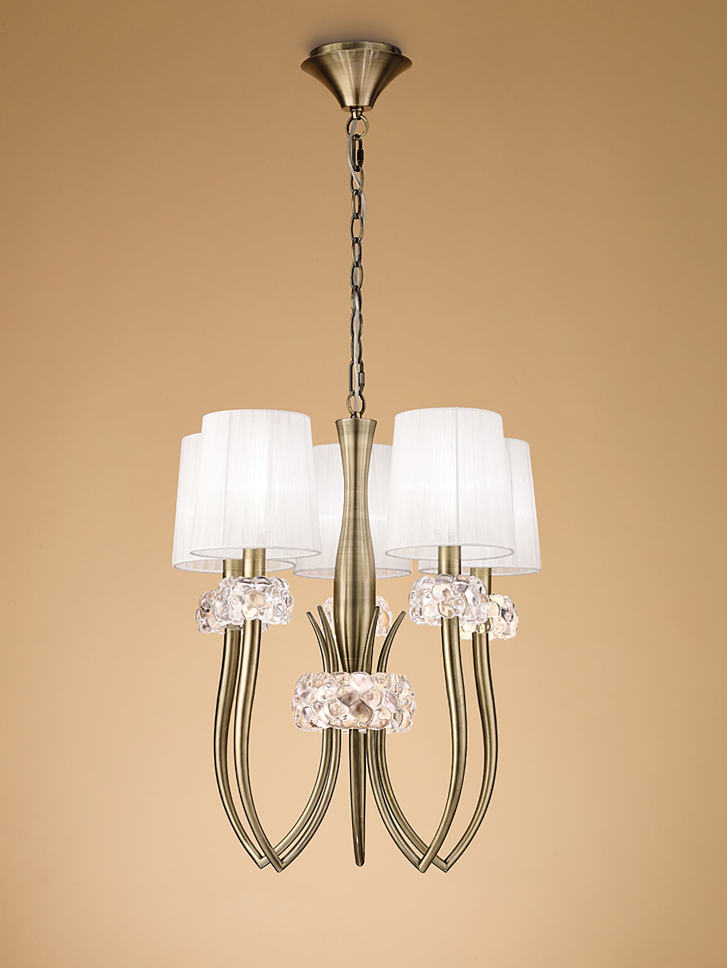 Loewe Slim Pendant 5 Light E14, Antique Brass With White Shades (4732) by Mantra