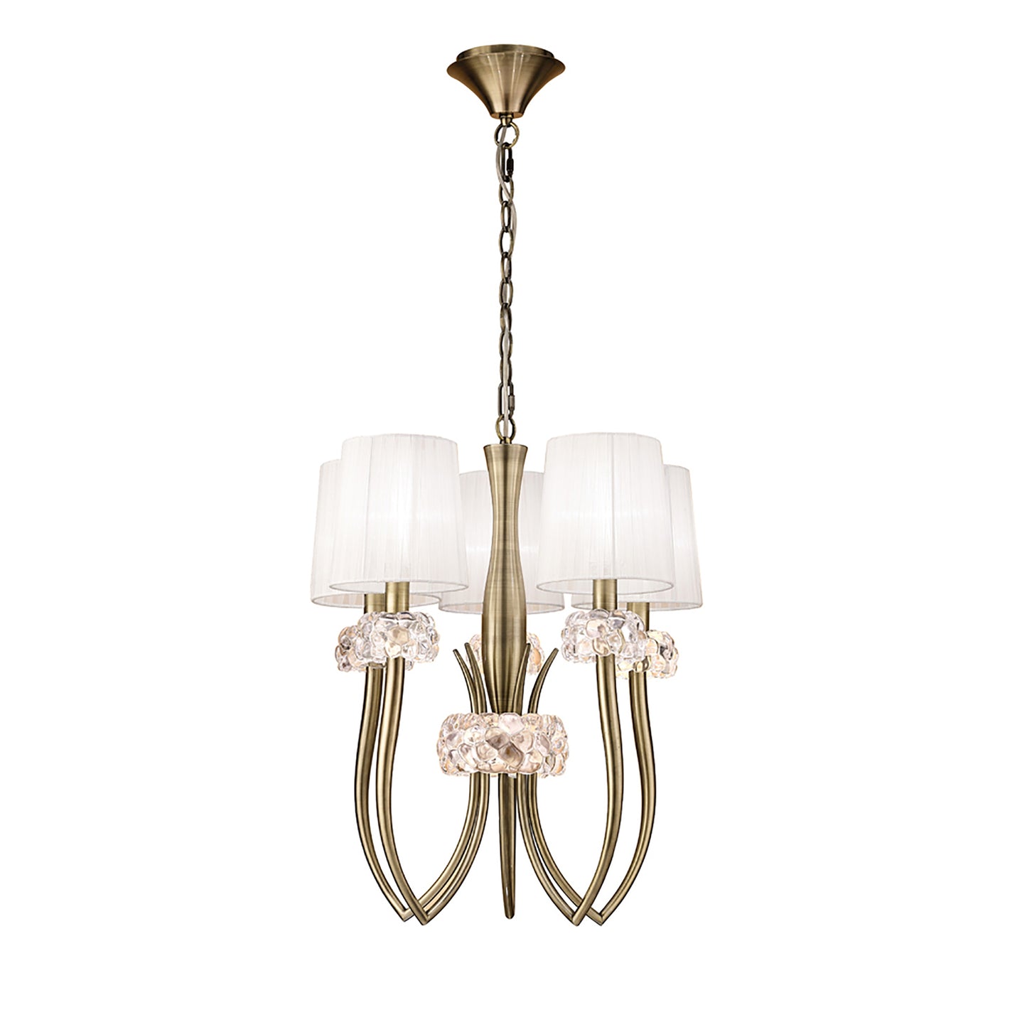 Loewe Slim Pendant 5 Light E14, Antique Brass With White Shades (4732) by Mantra