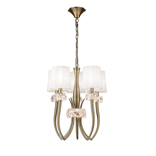 Loewe Slim Pendant 5 Light E14, Antique Brass With White Shades (4732) by Mantra