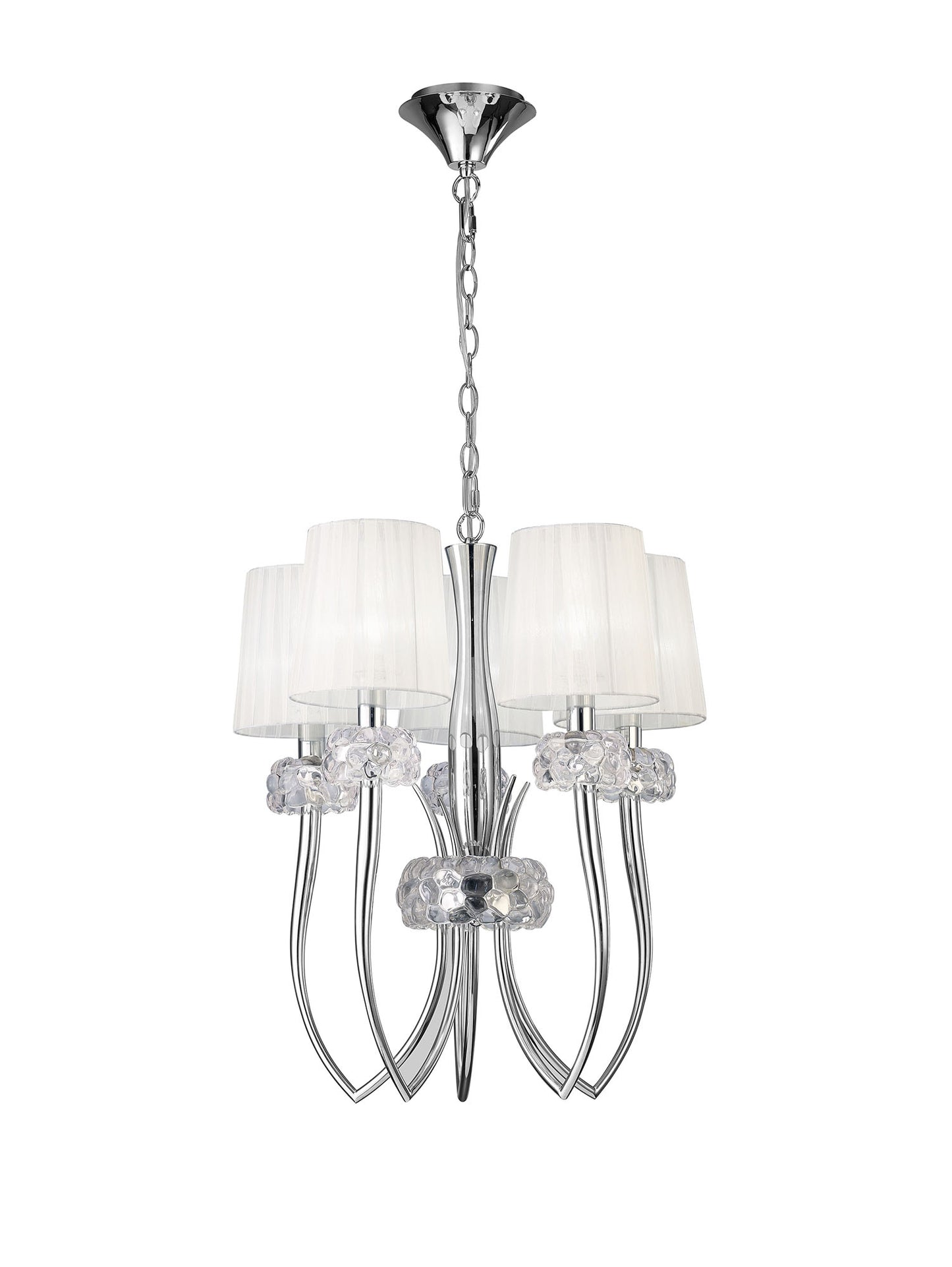 Loewe Slim Pendant 5 Light E14, Polished Chrome With White Shades by Mantra