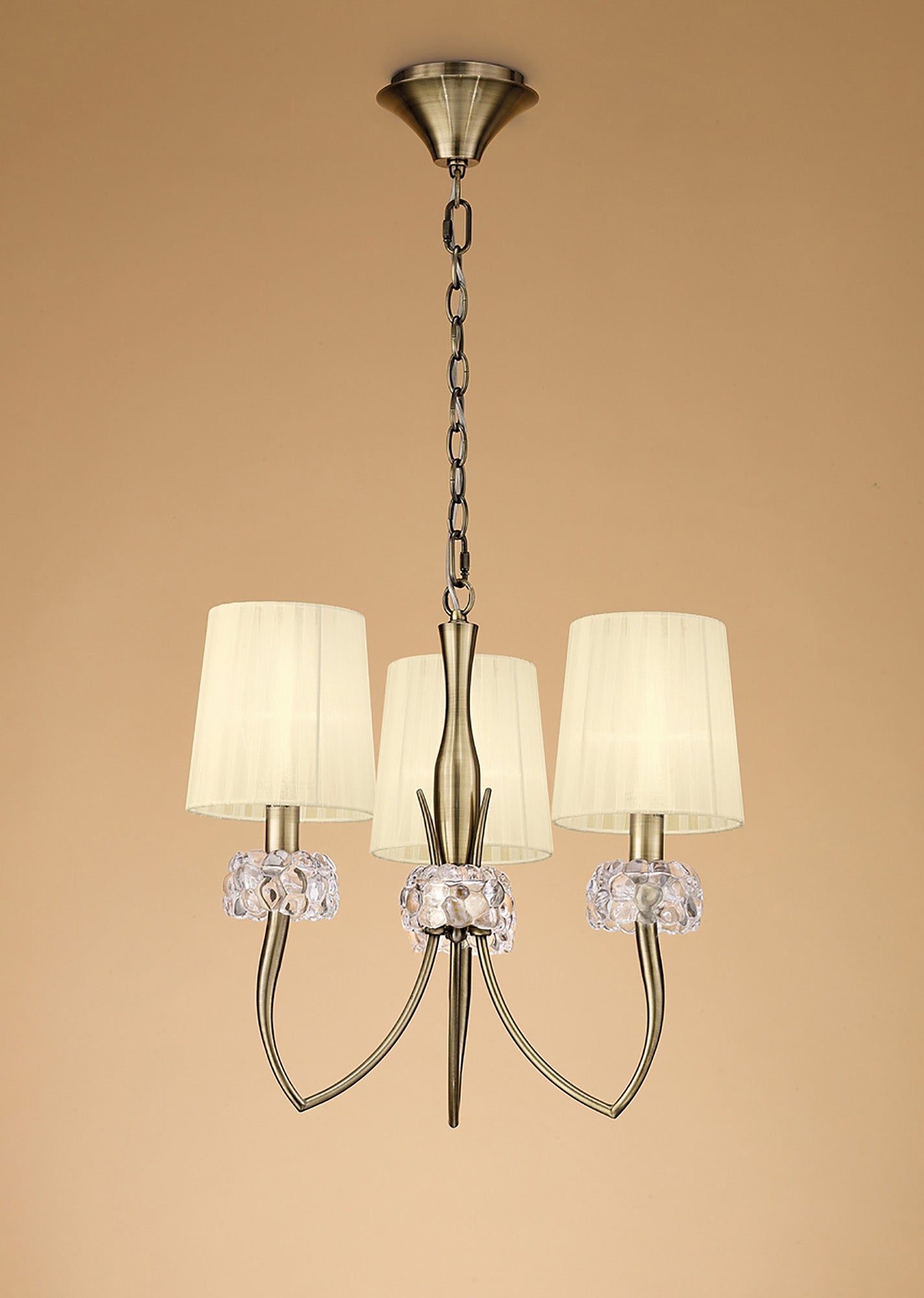 Loewe Pendant 3 Light E14, Antique Brass With Cream Shades by Mantra