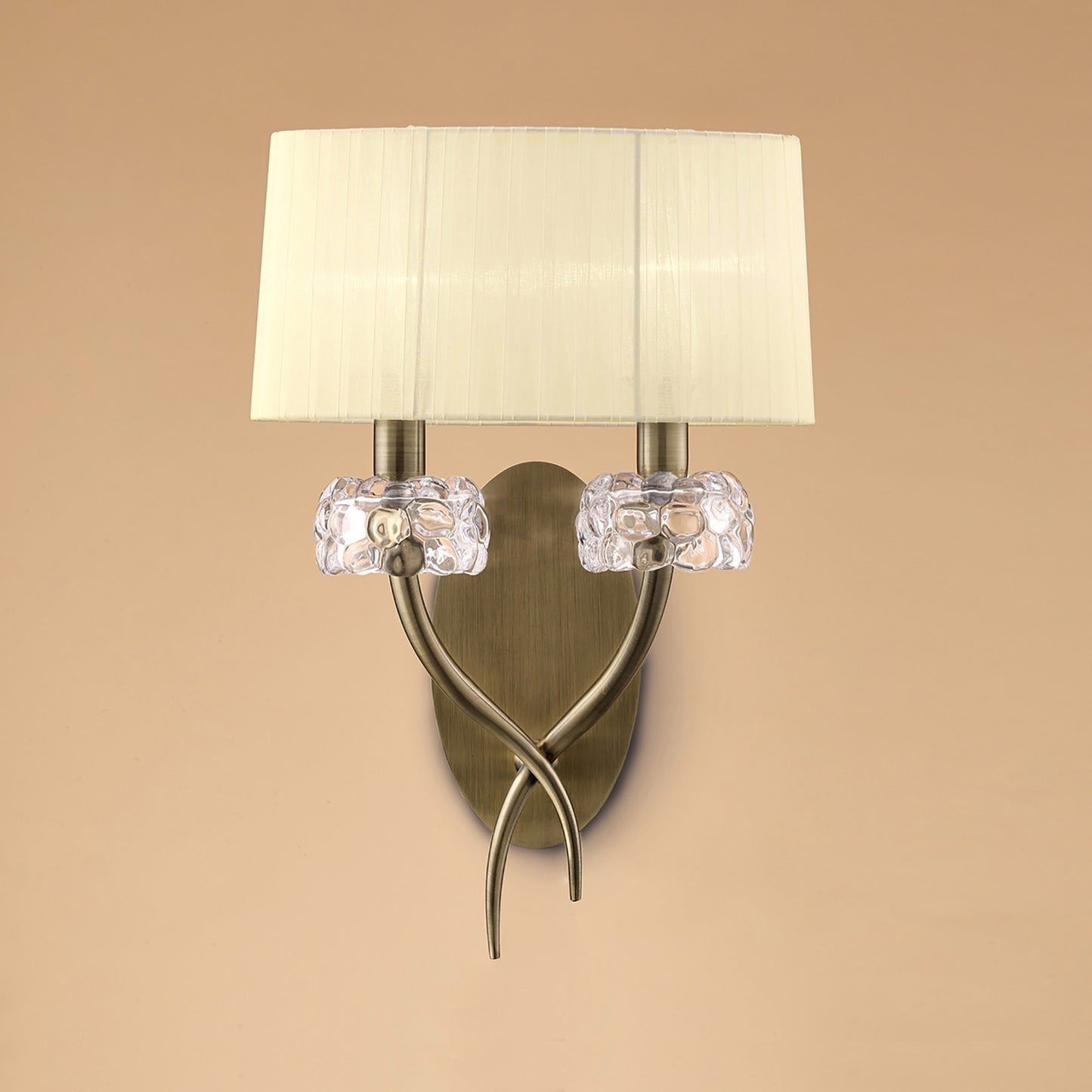 Loewe Wall Lamp Switched 2 Light E14, Antique Brass With Cream Shade by Mantra