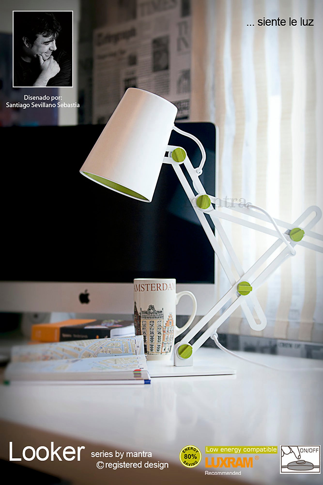 Looker Table Lamp 1 Light E27, Matt White/Beech by Mantra