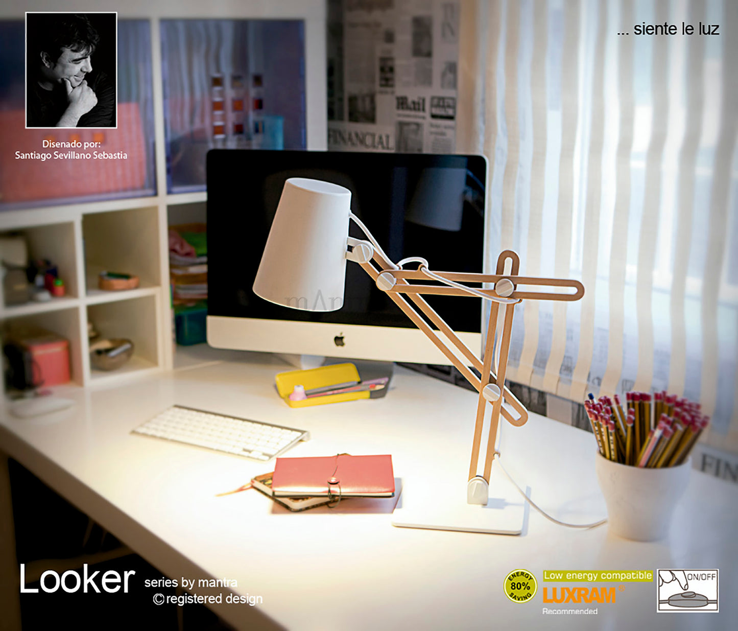 Looker Table Lamp 1 Light E27, Matt White/Beech by Mantra