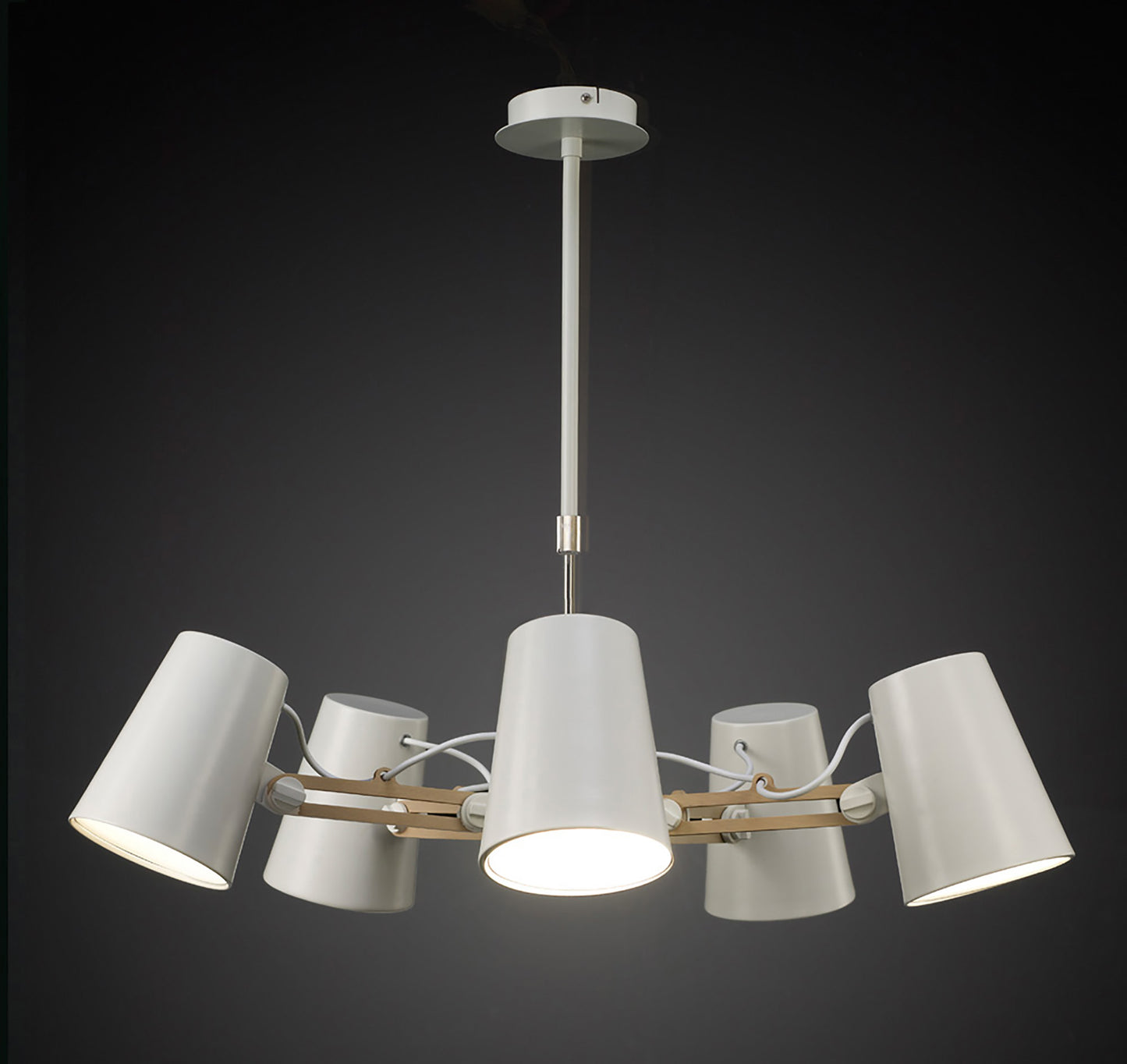 Looker Pendant 5 Light E27, Matt White / Beech by Mantra