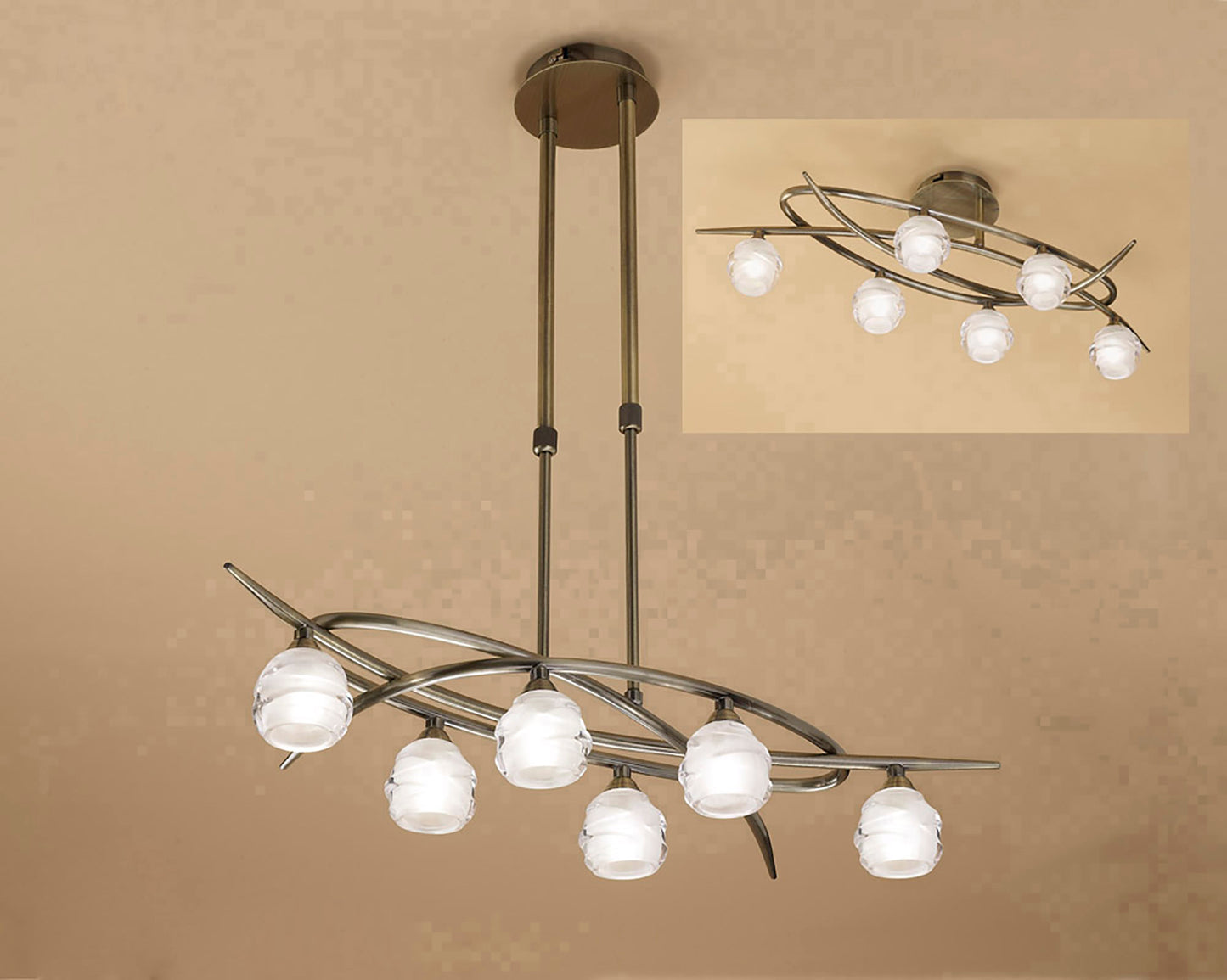 Loop Rectangular Telescopic Convertible To Semi Flush 6 Light G9 ECO, Antique Brass by Mantra