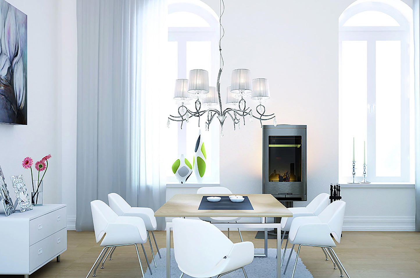 Louise Linear Pendant 2 Arm 4 Light E27 With White Oval Shades Polished Chrome / Clear Crystal by Mantra