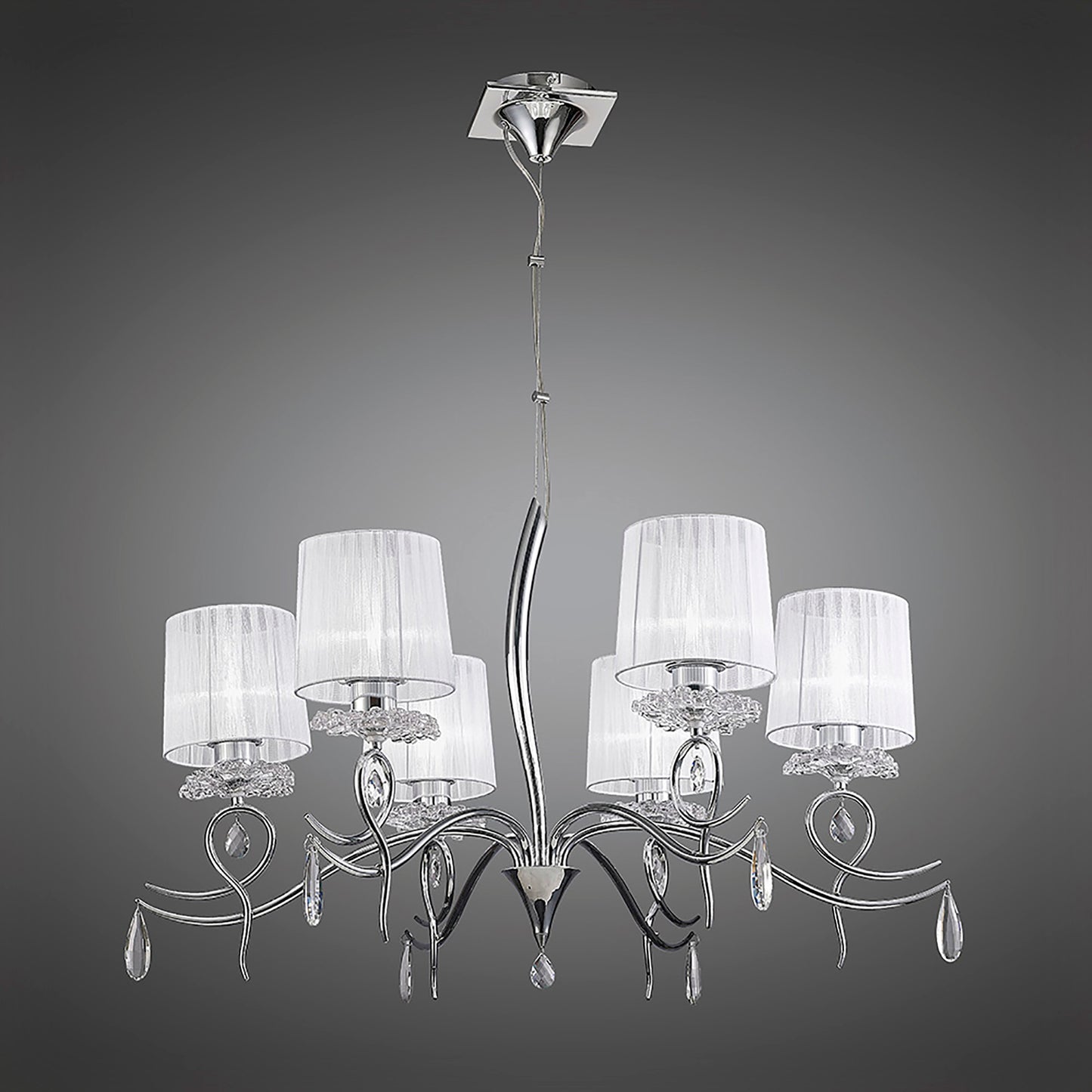 Louise Pendant 6 Light E27 With White Shades Polished Chrome / Clear Crystal by Mantra