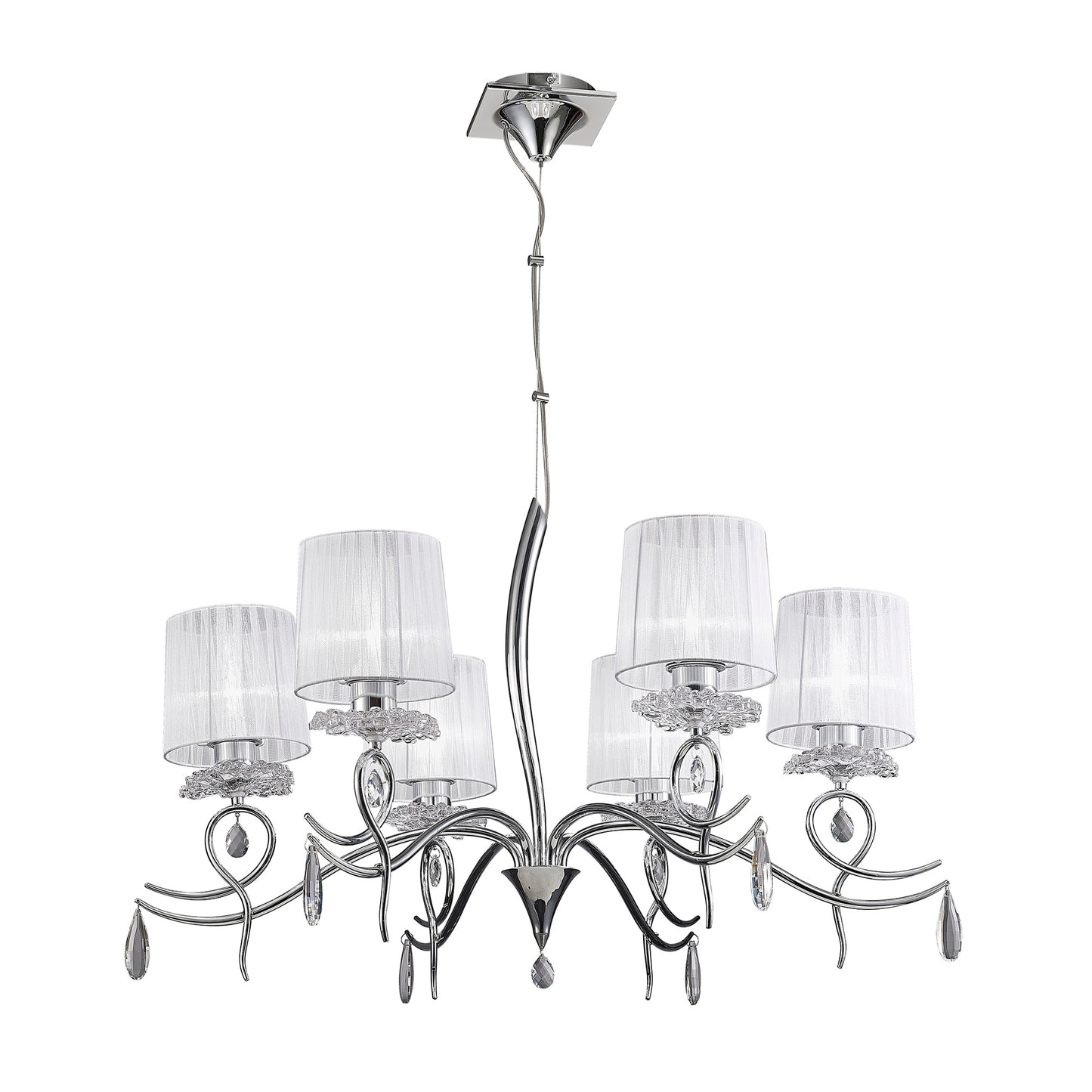 Louise Pendant 6 Light E27 With White Shades Polished Chrome / Clear Crystal by Mantra