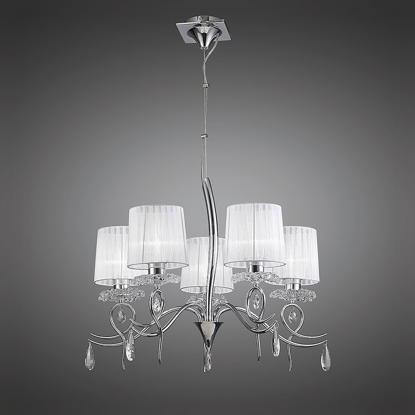 Louise Pendant 5 Light E27 With White Shades Polished Chrome / Clear Crystal by Mantra