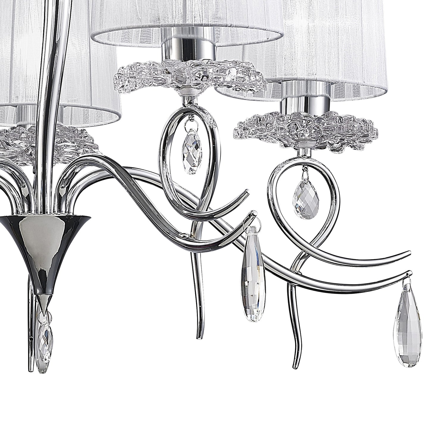 Louise Pendant 5 Light E27 With White Shades Polished Chrome / Clear Crystal by Mantra