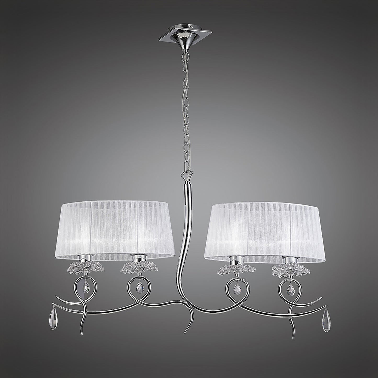 Louise Linear Pendant 2 Arm 4 Light E27 With White Oval Shades Polished Chrome / Clear Crystal by Mantra