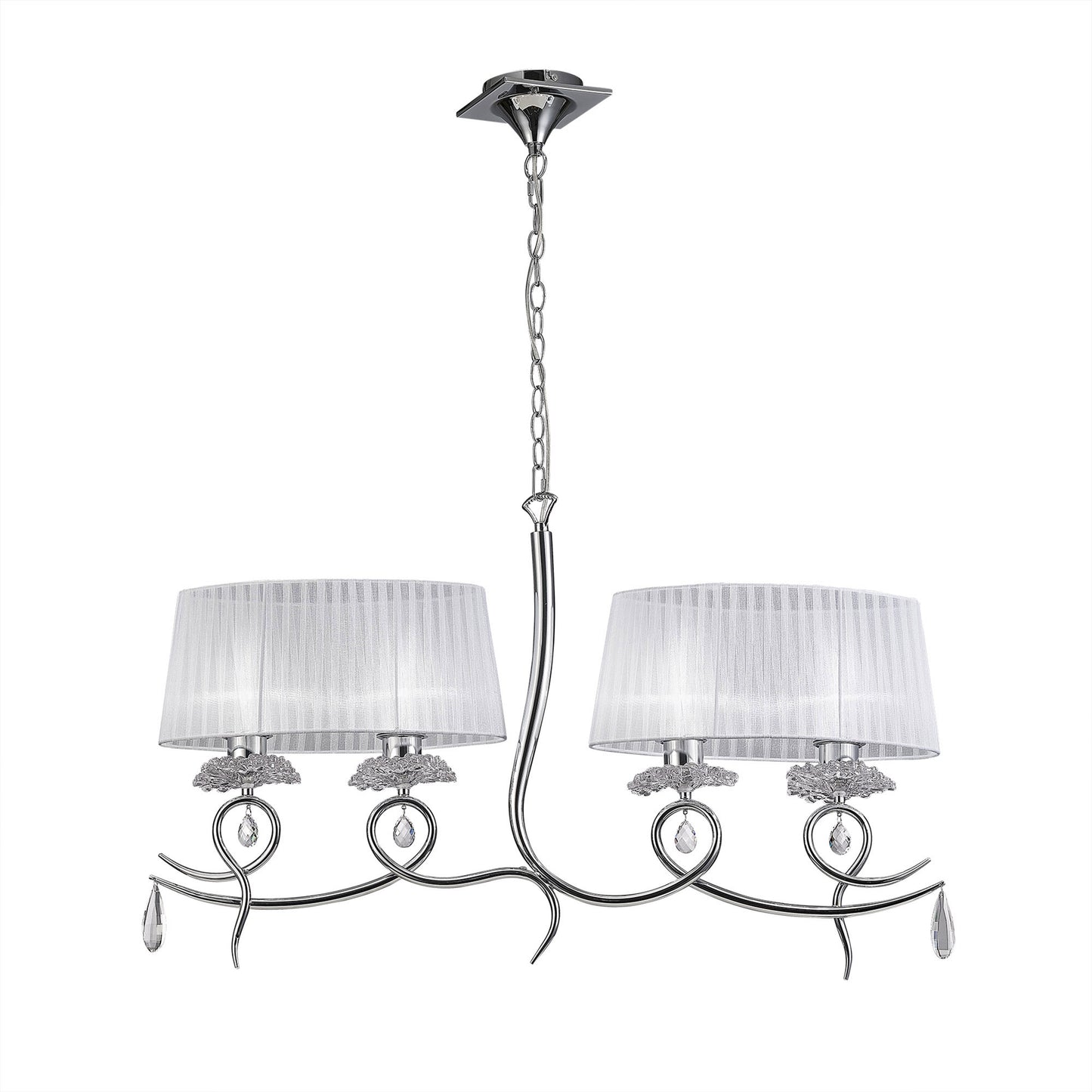 Louise Linear Pendant 2 Arm 4 Light E27 With White Oval Shades Polished Chrome / Clear Crystal by Mantra