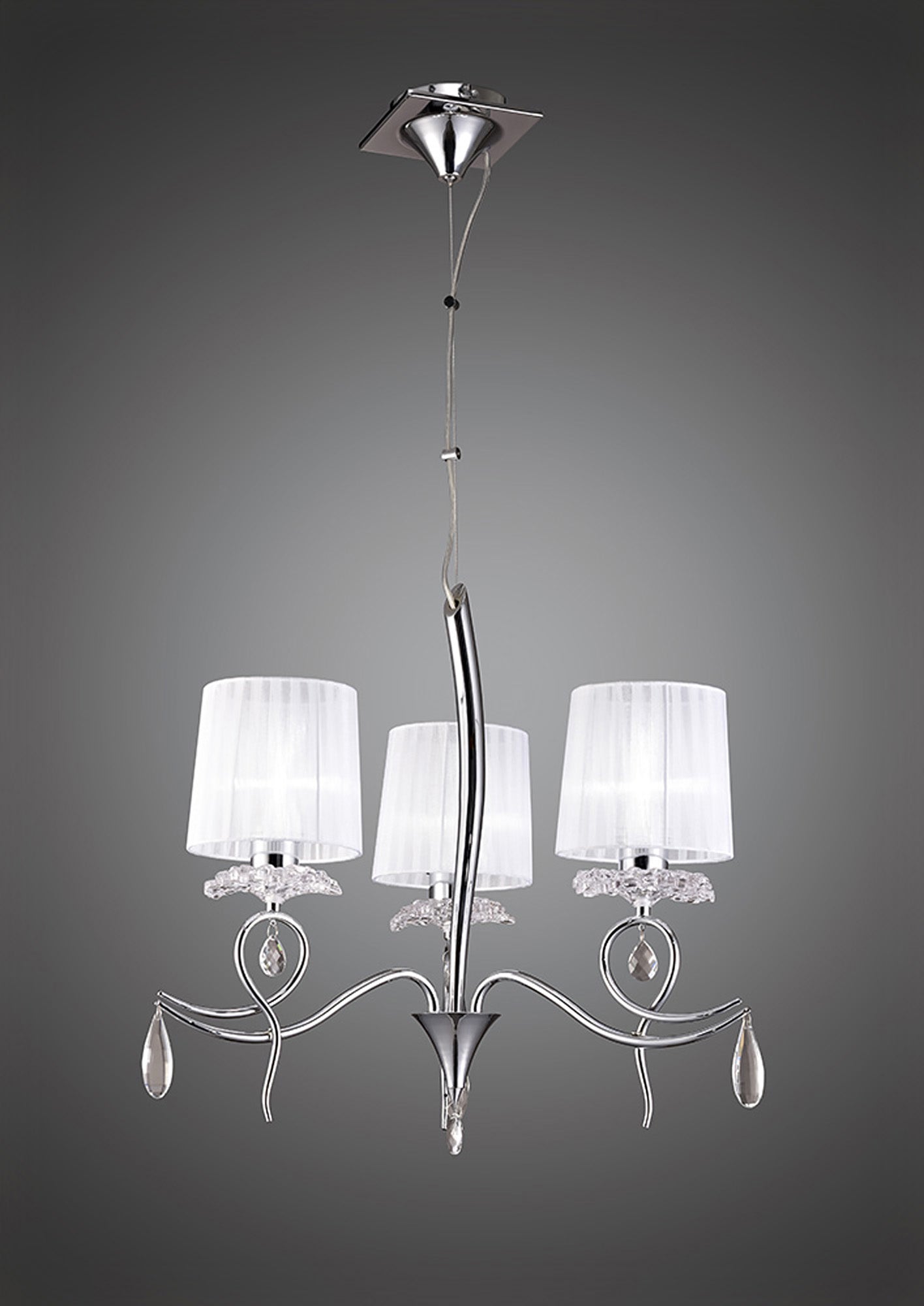 Louise Pendant 3 Light E27 With White Shades Polished Chrome / Clear Crystal by Mantra