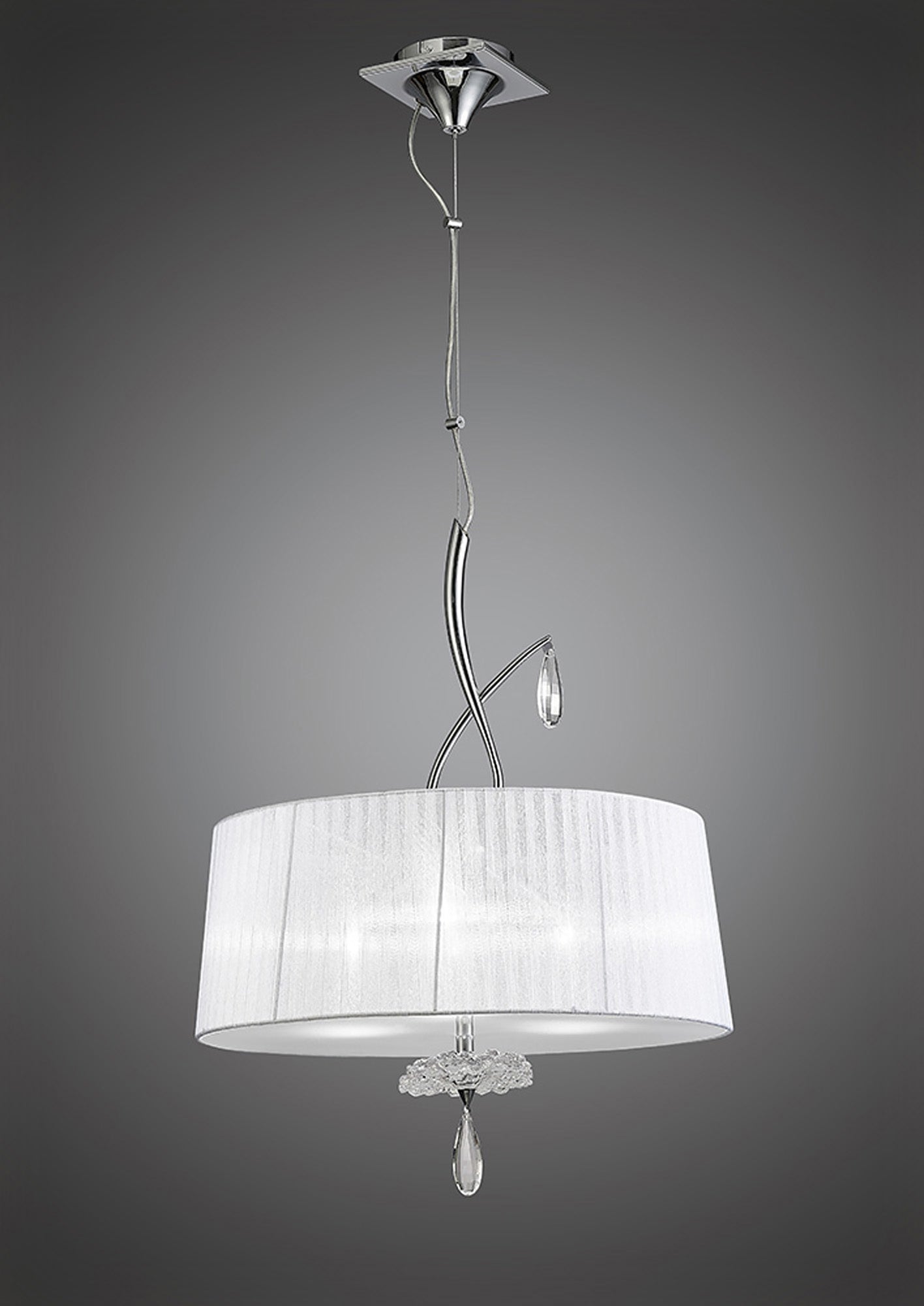 Louise Pendant 3 Light E27 Round With White Shades Polished Chrome / Clear Crystal by Mantra