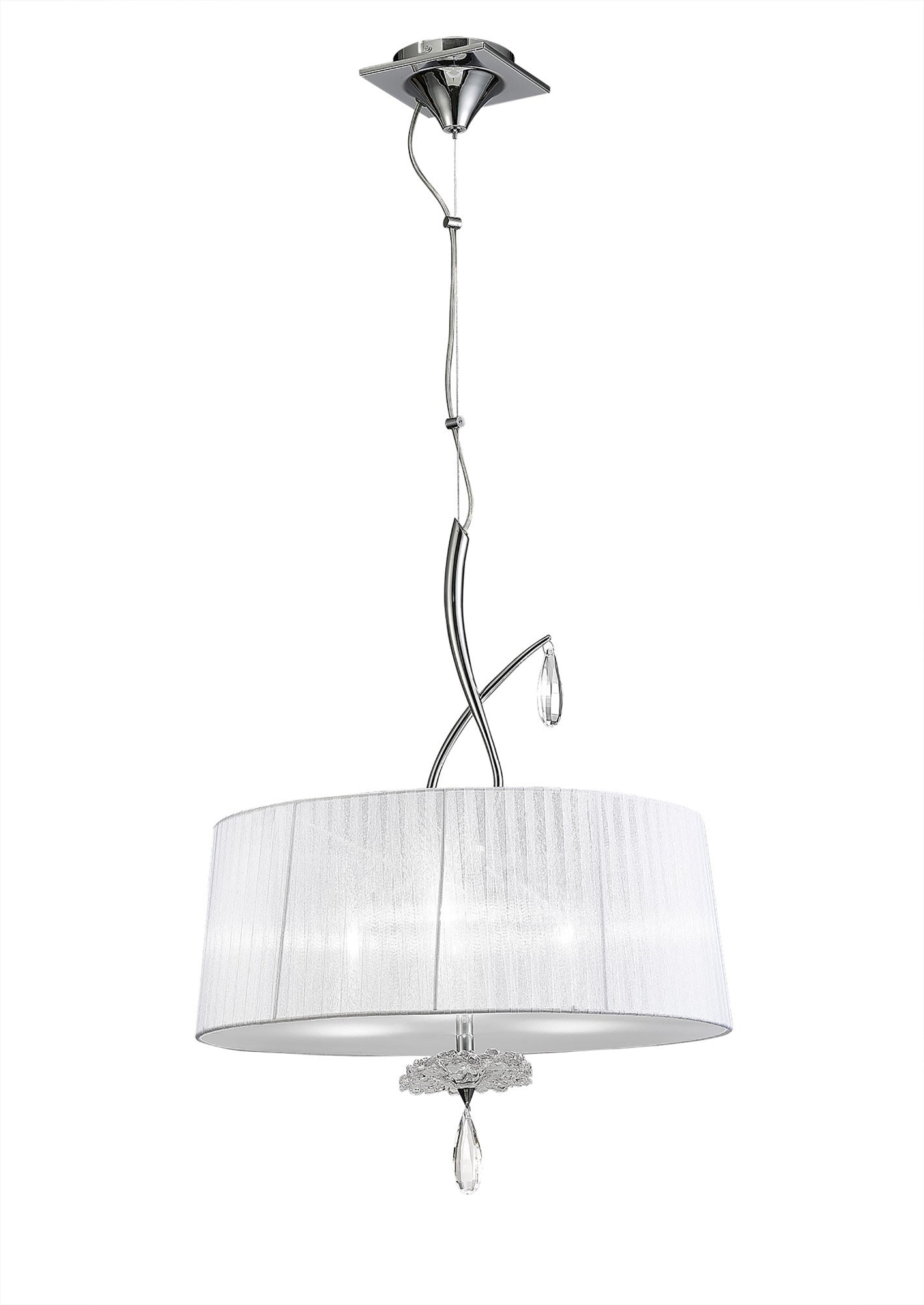 Louise Pendant 3 Light E27 Round With White Shades Polished Chrome / Clear Crystal by Mantra