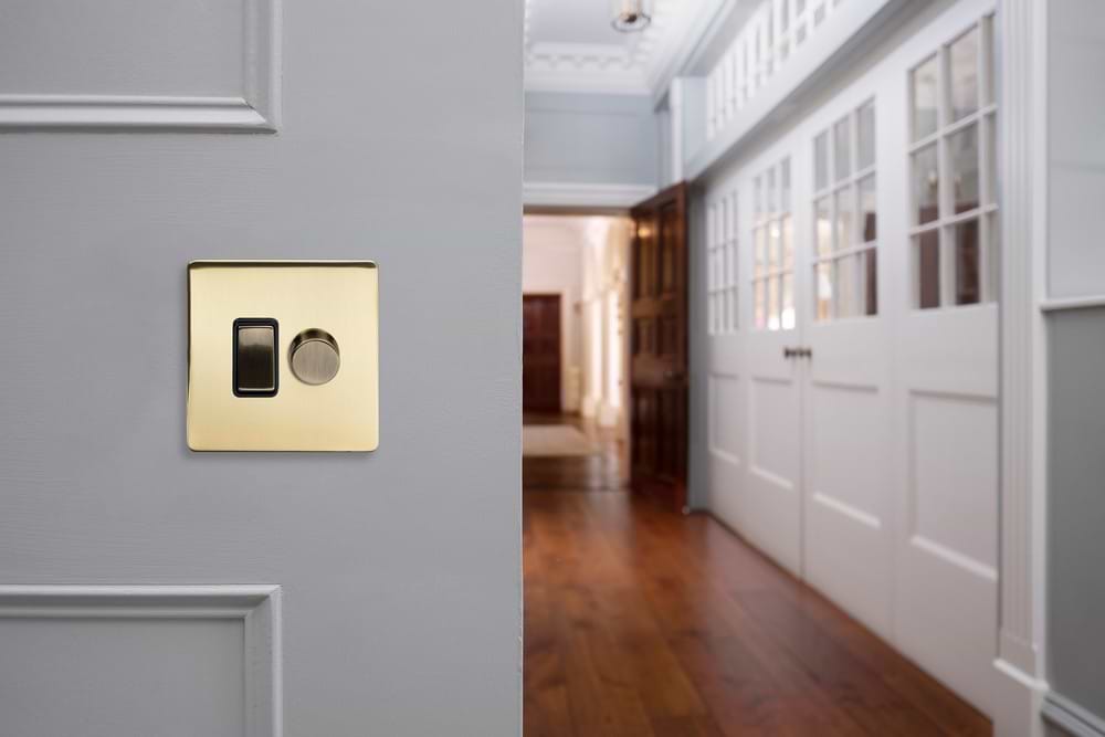 The Savoy Collection Brushed Brass Dimmer and Rocker Switch Combo (2-Way Switch & 2-Way Intelligent Dimmer)