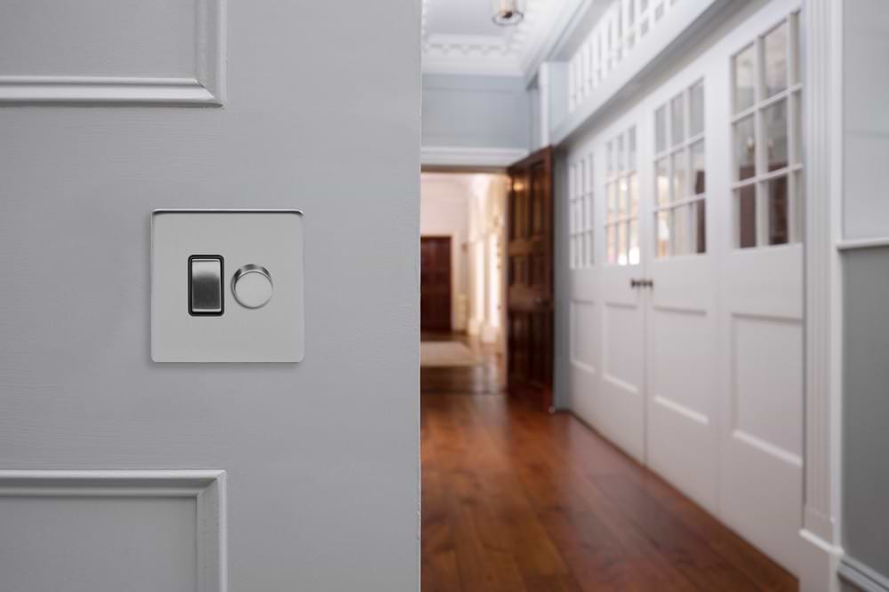 The Lombard Collection Brushed Chrome Dimmer and Rocker Switch Combo (2-Way Switch & 2-Way Intelligent Dimmer)