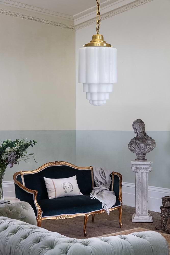 Soho Lighting Glasshouse Lacquered Brass Opal Art Deco Pendant Light - the Schoolhouse Collection