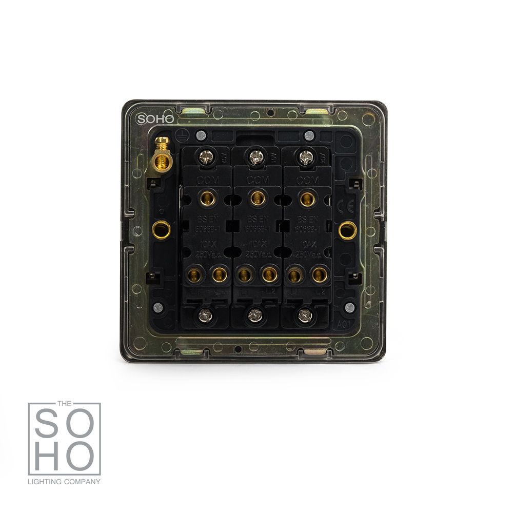Soho Lighting Matt Black and Antique Brass 10A 3 Gang 2 Way Switch