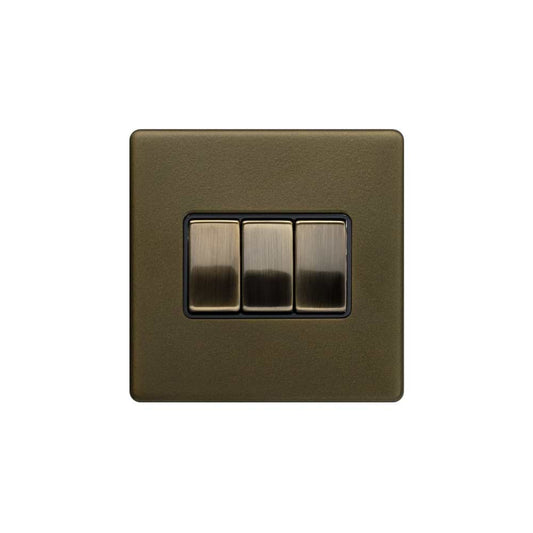 The Eton Collection Bronze 10A 3 Gang 2 Way Switch Black Inserts Screwless