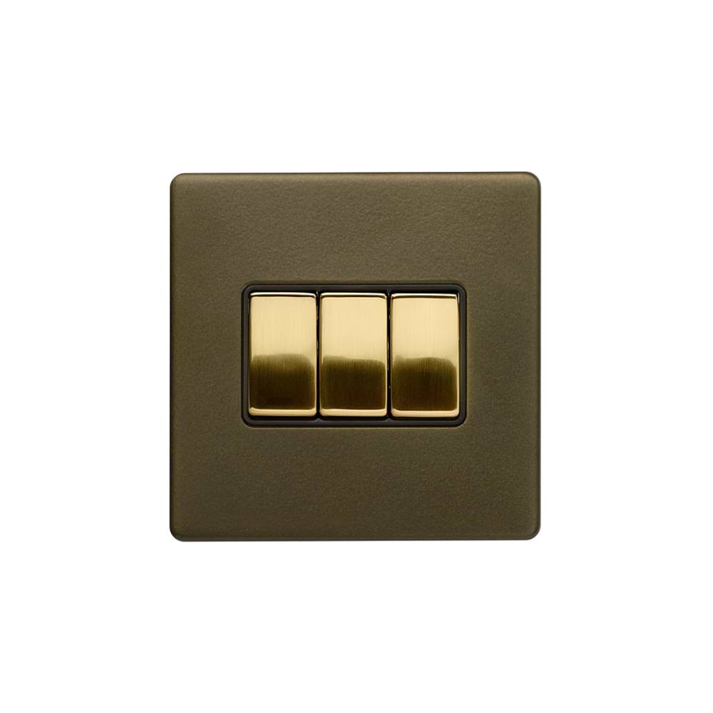 Soho Lighting Bronze & Brushed Brass 10A 3 Gang Intermediate Switch Black Inserts Screwless