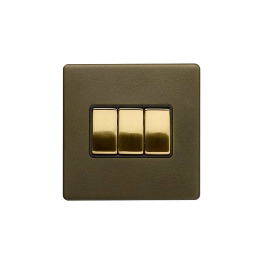 Soho Lighting Bronze & Brushed Brass 10A 3 Gang Intermediate Switch Black Inserts Screwless