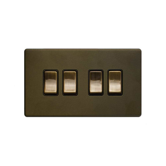 The Eton Collection Bronze 10A 4 Gang 2 Way Switch Black Inserts Screwless