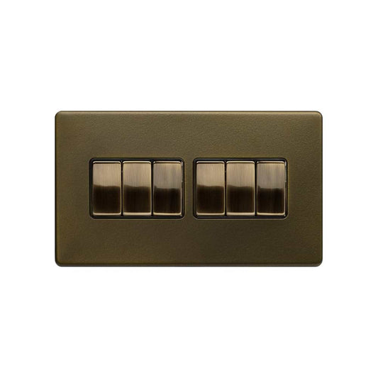 The Eton Collection Bronze 10A 6 Gang 2 Way Switch Black Inserts Screwless