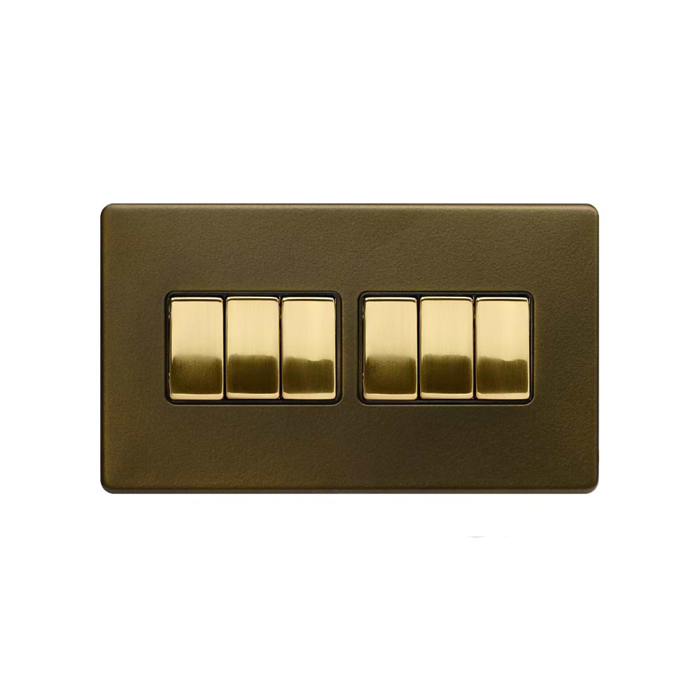 Soho Lighting Bronze & Brushed Brass 10A 6 Gang 2 Way Switch Black Inserts Screwless