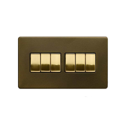 Soho Lighting Bronze & Brushed Brass 10A 6 Gang 2 Way Switch Black Inserts Screwless