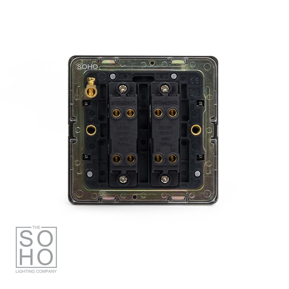 Soho Lighting Bronze & Brushed Brass 10A 2 Gang Intermediate Switch Black Inserts Screwless