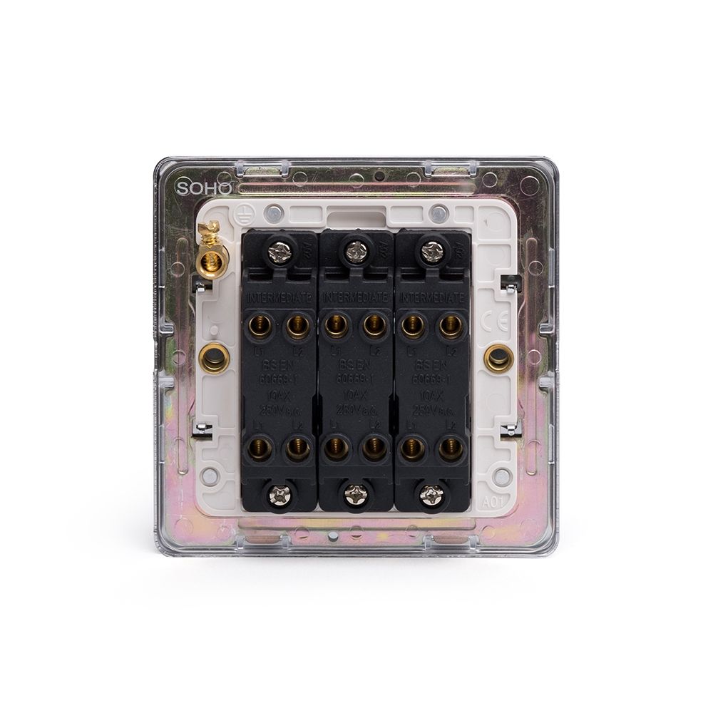 The Finsbury Collection Polished Chrome Flat Plate 10A 3 Gang Intermediate Switch Wht Ins Screwless