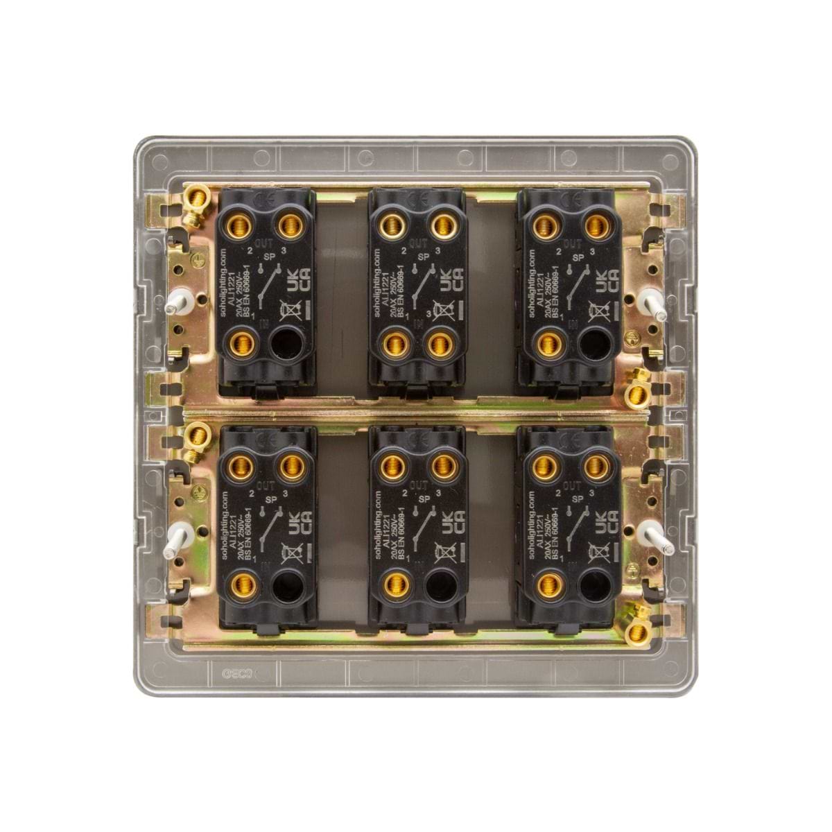 Soho Lighting Matt Black and Antique Brass 6 Gang Toggle Light Switch 20A 2 Way