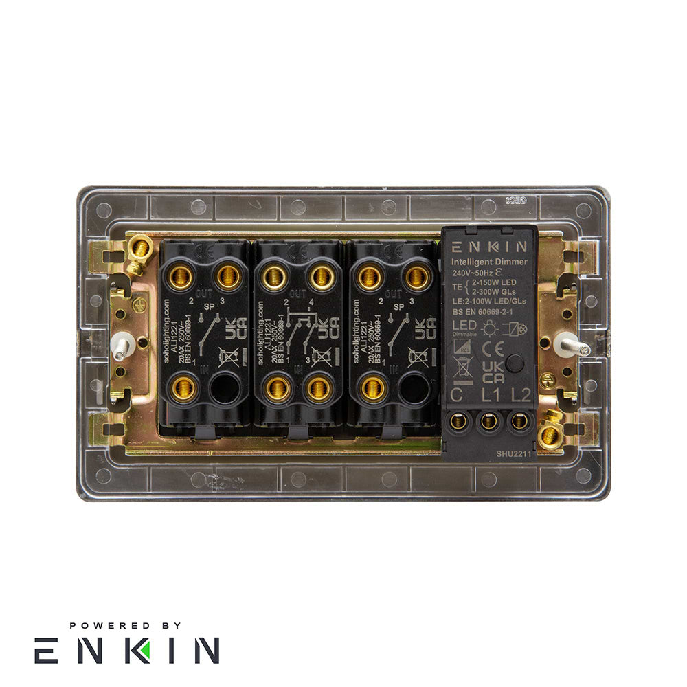 Soho Lighting Matt Black and Antique Brass 4 Gang Switch with 1 Dimmer (1x150W LED Dimmer 3x20A 2 Way Toggle)