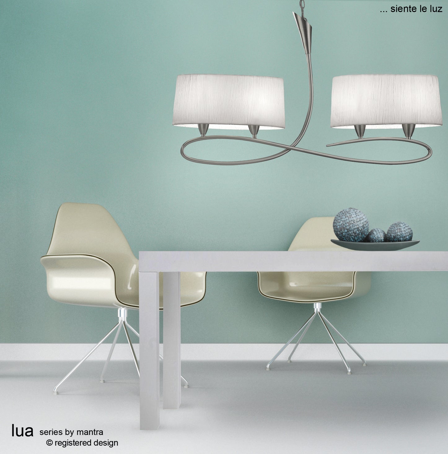 Lua Linear Pendant 2 Arm 4 Light E27, Satin Nickel With White Shades by Mantra