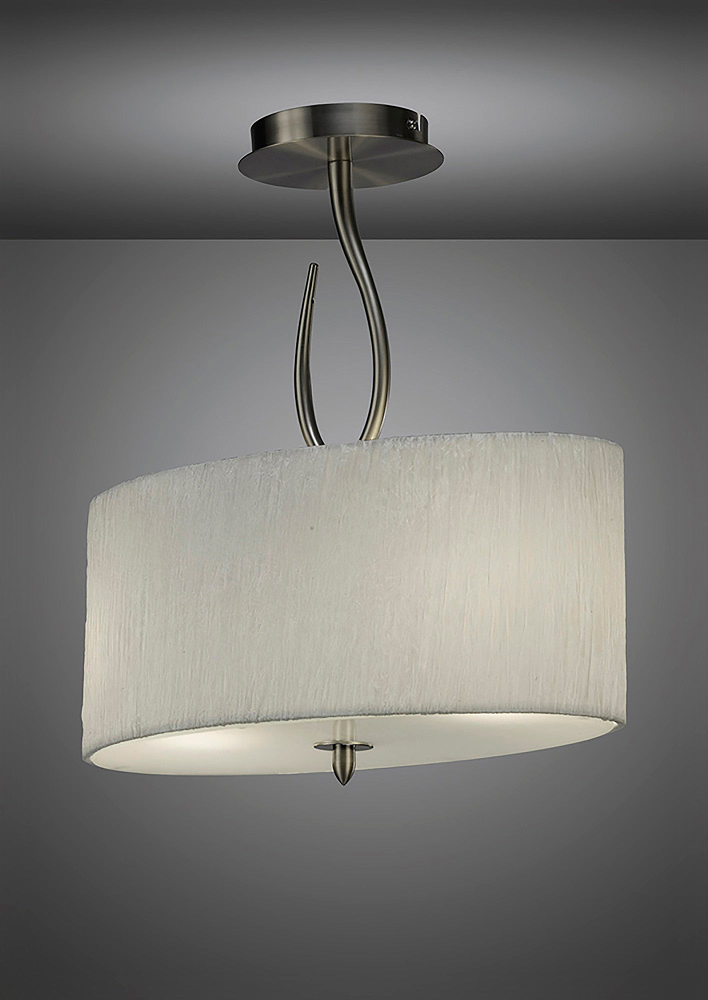 Lua Oval Semi Flush 2 Light E27, Satin Nickel With White Shade by Mantra