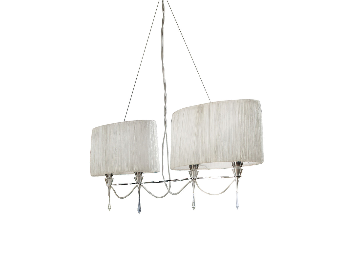 Lucca Linear Pendant 2 Arm 4 Light E27 Line, Polished Chrome With White Shades & Clear Crystal by Mantra