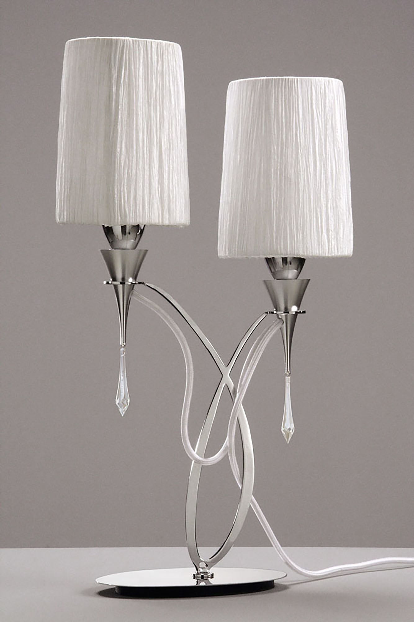 Lucca Table Lamp 2 Light E27, Polished Chrome With White Shades & Clear Crystal by Mantra